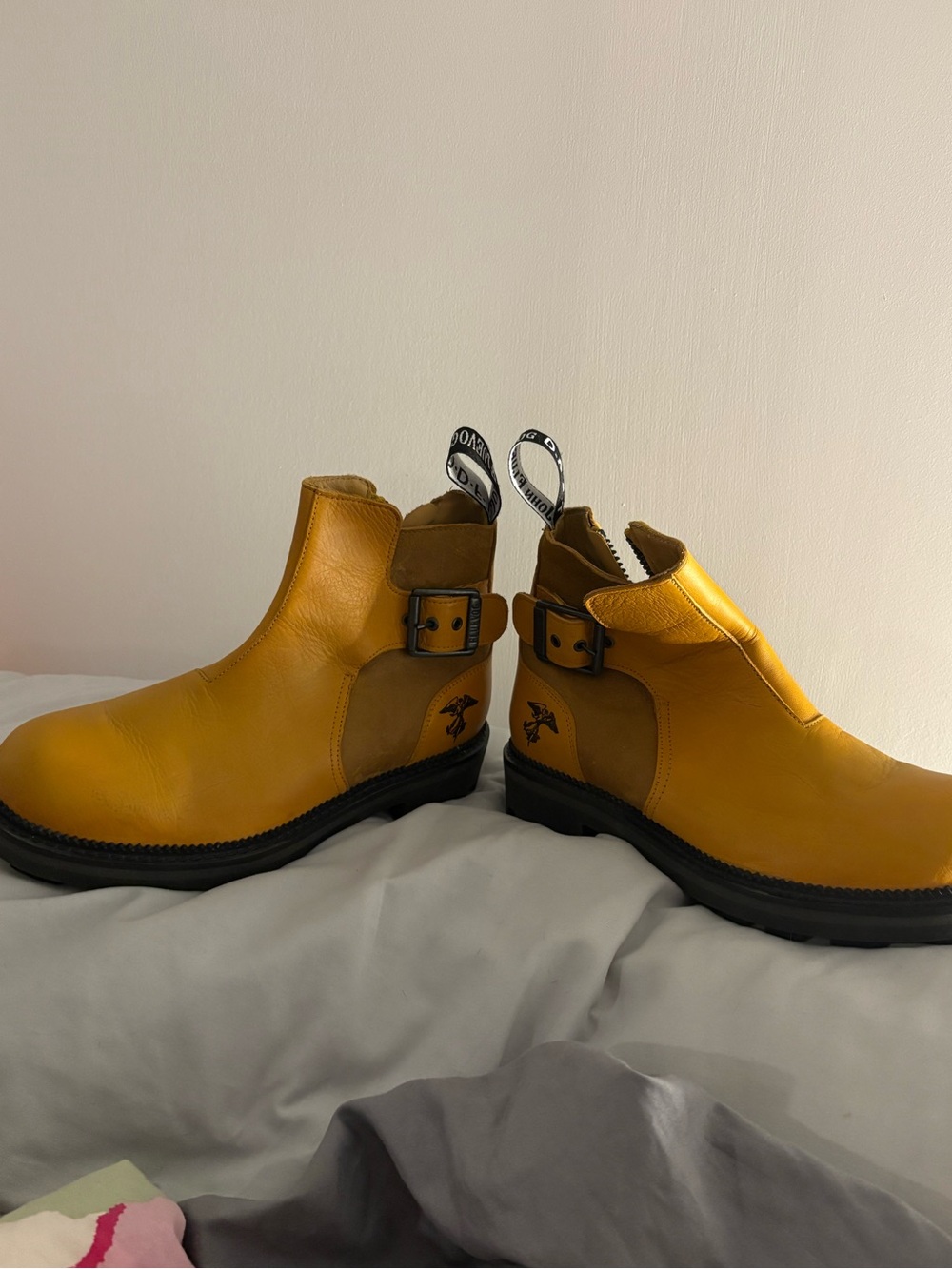 Women’s Fluevog Yellow Chelsea Boots with Buckle Detail
